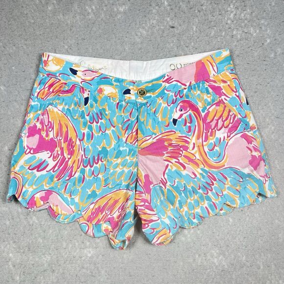 Lilly Pulitzer Buttercup Shorts Women’s 00 Blue Pink Flamingo Scallop Peel Trim - Picture 1 of 12